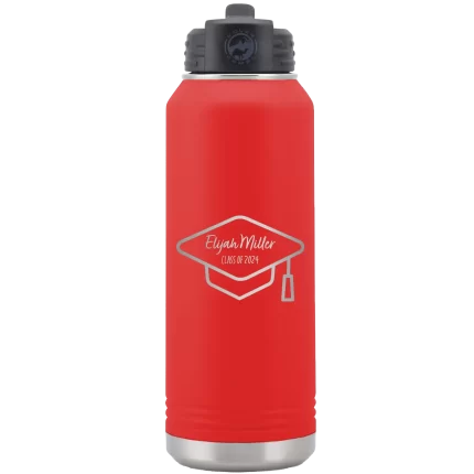 Personalized 2 lines Grad Name and Class 32 oz Water Bottle - Red