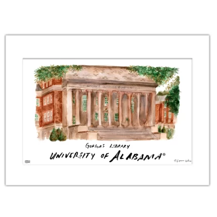 Alabama Gorgas Library, Matted Watercolor Wall Art 11" x 14" by Laura Wilcox