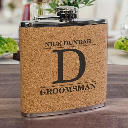 Engraved Groomsmen Cork Flask - Personalized with Name & Initial