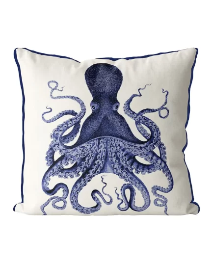 Blue Octopus 3, Blue & White Coastal Cushion / Throw Pillow
