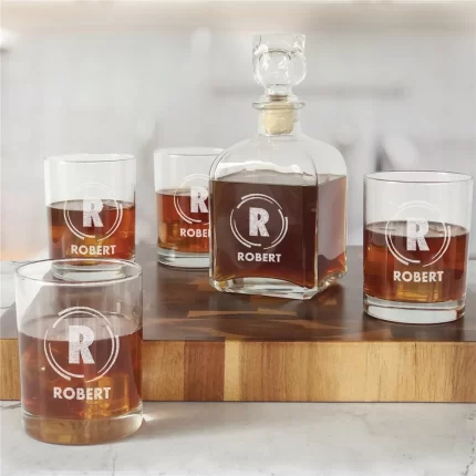 Engraved Whiskey Decanter Set for Groomsmen - Circular Lines Design