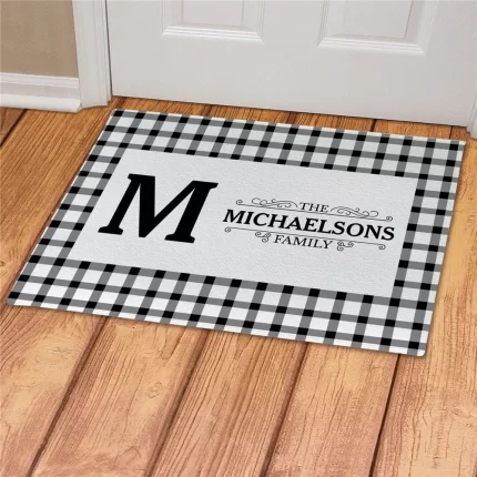 Black Plaid Initial Name Personalized Doormat - Custom Monogram Entry Mat