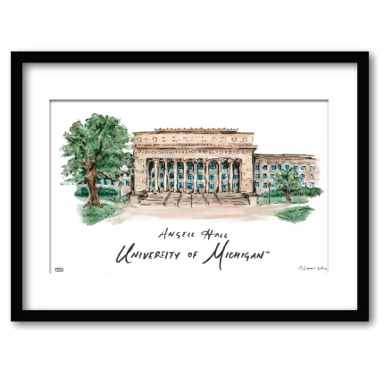 Michigan Angell Hall, Framed Watercolor Wall Art 11" x 14" by Laura Wilcox