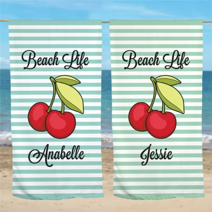 Cherry Stripe Personalized Beach Towel - Summer Fun Design