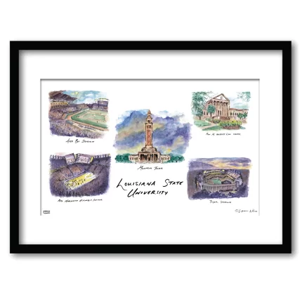 LSU Collage, Framed Watercolor Wall Art 11" x 14" by Laura Wilcox