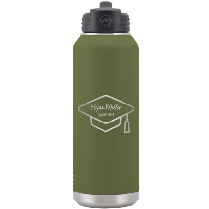 Personalized 2 lines Grad Name and Class 32 oz Water Bottle - Olive Green