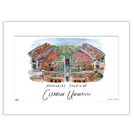 Clemson Memorial Stadium, Matted Watercolor Wall Art 16" x 20" by Laura Wilcox