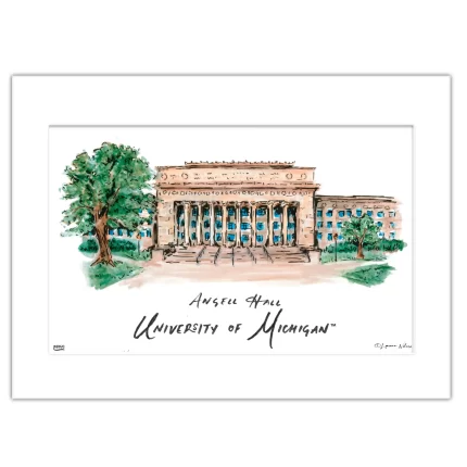 Michigan Angell Hall, Matted Watercolor Wall Art 11" x 14" by Laura Wilcox