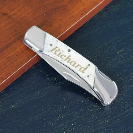 Custom Engraved White Bone Folding Knife - Groomsmen Gift