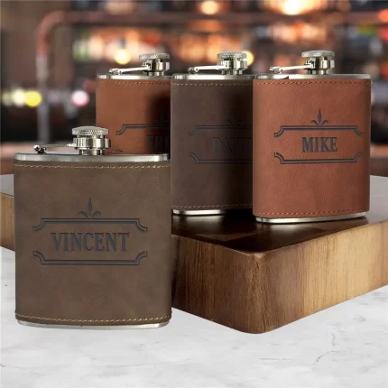 Engraved Leatherette Flask - Ornate Border with Name