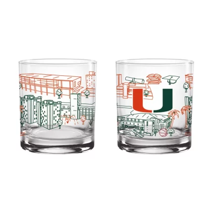 Set of 2 Miami Hurricanes Campus Line Art 14oz Rocks Glasses
