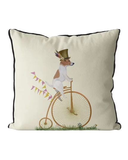 Jack Russell Rough on Penny Farthing, Cushion / Throw Pillow