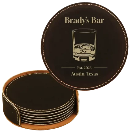 Personalized Bar EST Round Leatherette Coasters Set of 6 - Black Gold