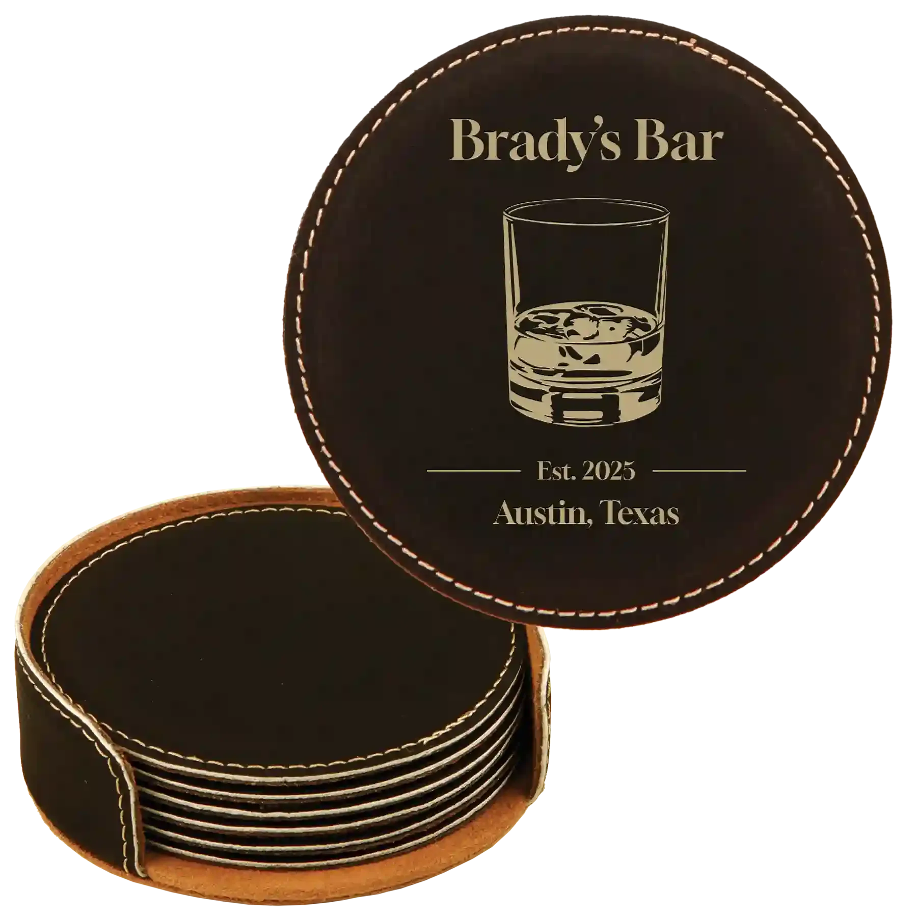 1bPersonalized-Bar-EST-Round-Leatherette-Coasters-Set-of-6-Black-Gold
