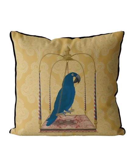 Blue Parrot on Swing, Bird Cushion / Throw Pillow