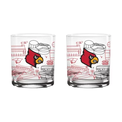 Set of 2 Louisville Cardinals Campus Line Art 14oz Rocks Glasses