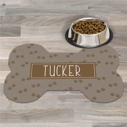 Brown Paws with Name Personalized Dog Bone Rug - Custom Feeding Mat