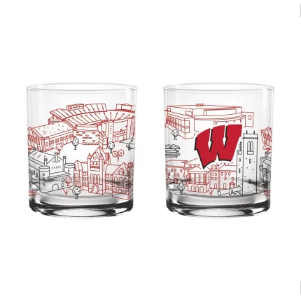 Set of 2 Wisconsin Badgers Campus Line Art 14oz Rocks Glasses