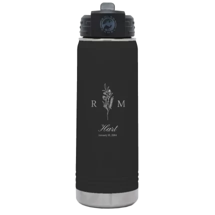 Personalized 3 Lines Initial Last Name Anniversary 20 oz Water Bottle - Black