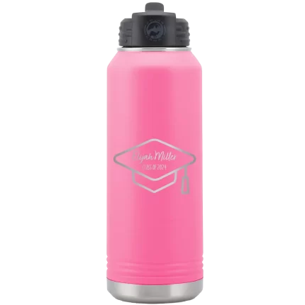 Personalized 2 lines Grad Name and Class 32 oz Water Bottle - Pink