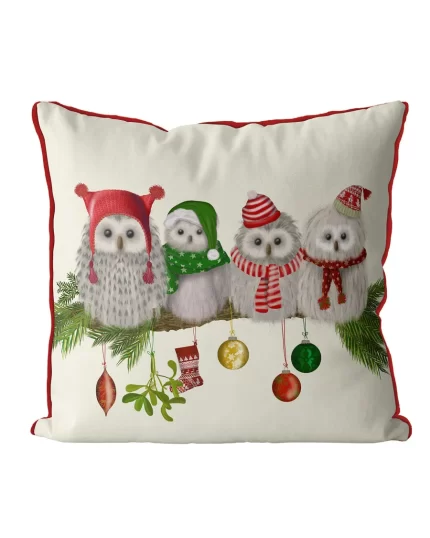 Fluffy Christmas Owls on Branch, Christmas Cushion / Throw Pillow