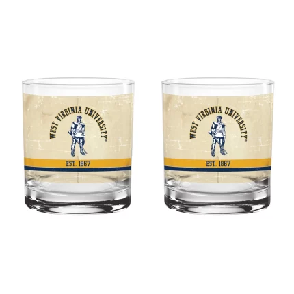 West Virginia Mountaineers Set of 2 College Vault Tan Retro 14oz Rocks Glasses
