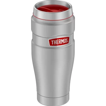 16oz Stainless Steel Travel Tumbler - Matte Steel w/Red Badge - 7 Hours Hot/18 Hours Cold