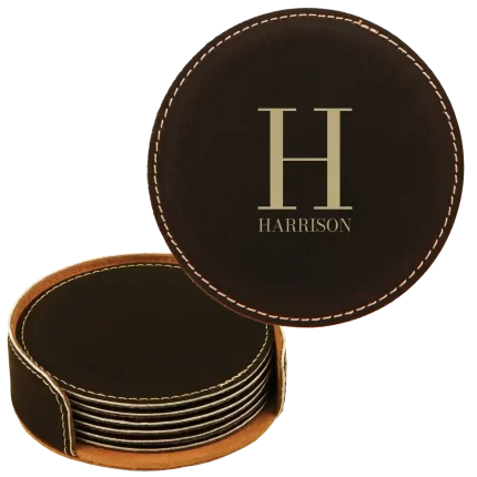 Personalized Last Name Initial Round Leatherette Coasters Set of 6 - Black Gold