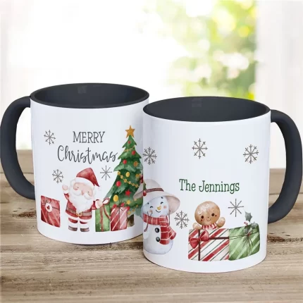 Cute Watercolor Santa and Snowmen with Family Name Coffee Mug - Custom Christmas Mug