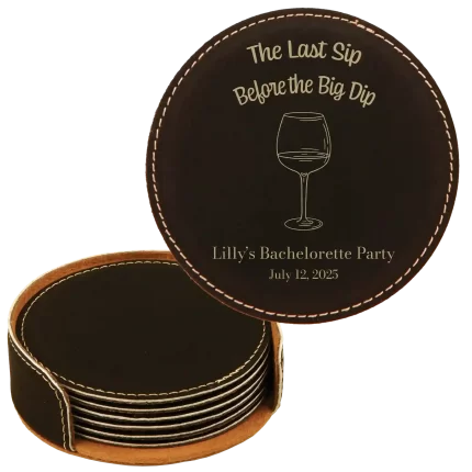 Personalized Last Sip Bachelorette Round Leatherette Coasters Set of 6 - Black Gold
