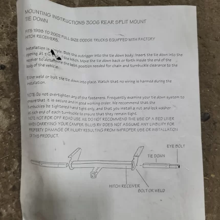 BILLIS RV SPLIT MOUNT REAR TIE DOWN 3006 - Dodge 1998-2002