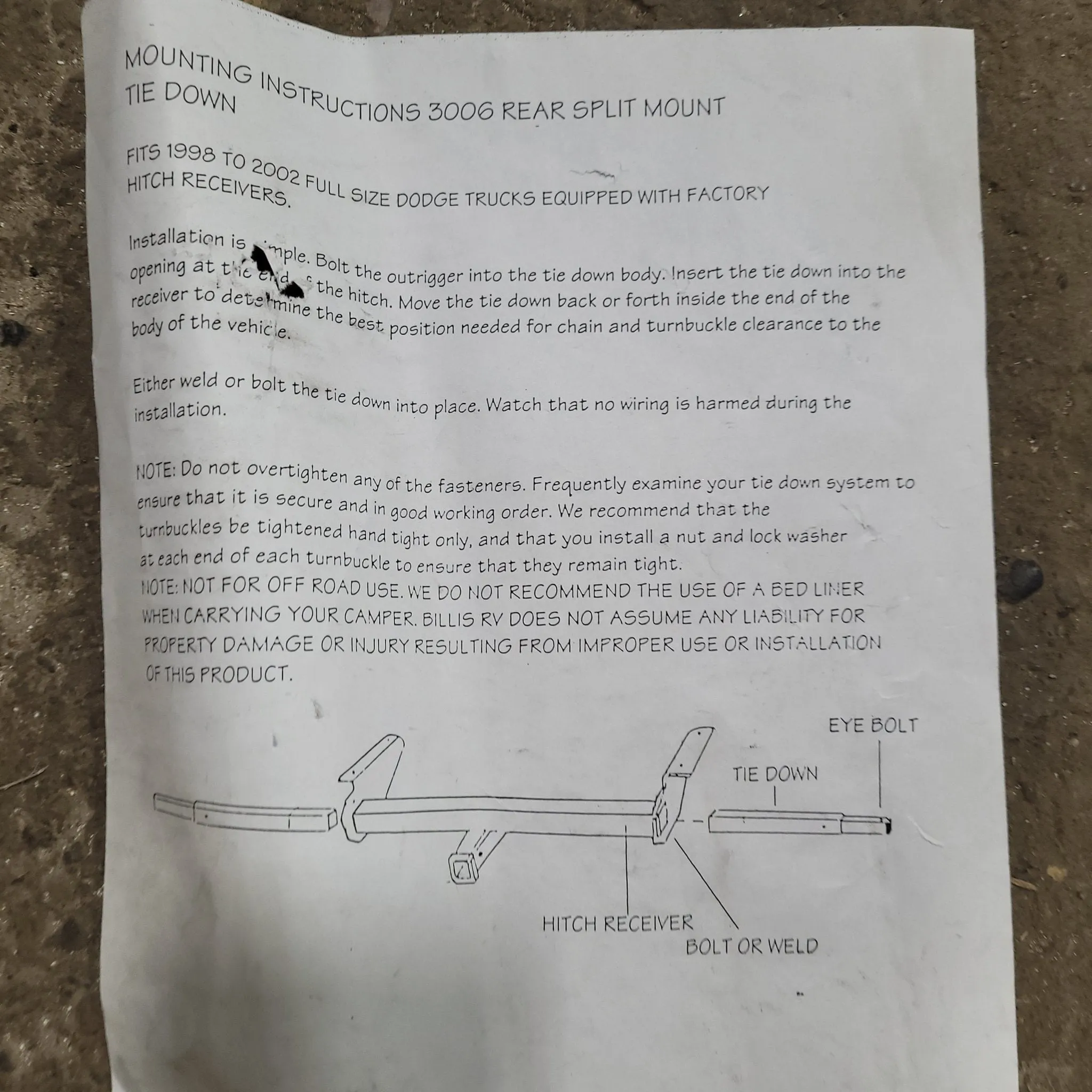 2iBILLIS-RV-SPLIT-MOUNT-REAR-TIE-DOWN-3006-Dodge-1998-2002