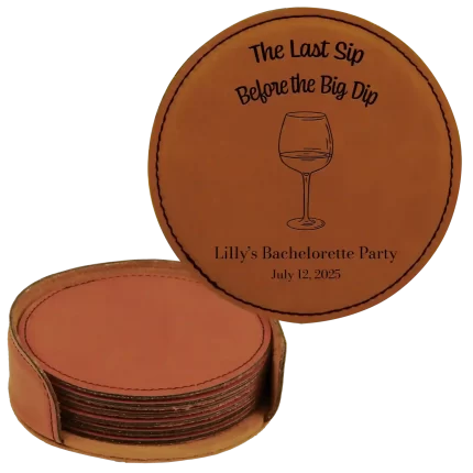 Personalized Last Sip Bachelorette Round Leatherette Coasters Set of 6 - Rawhide