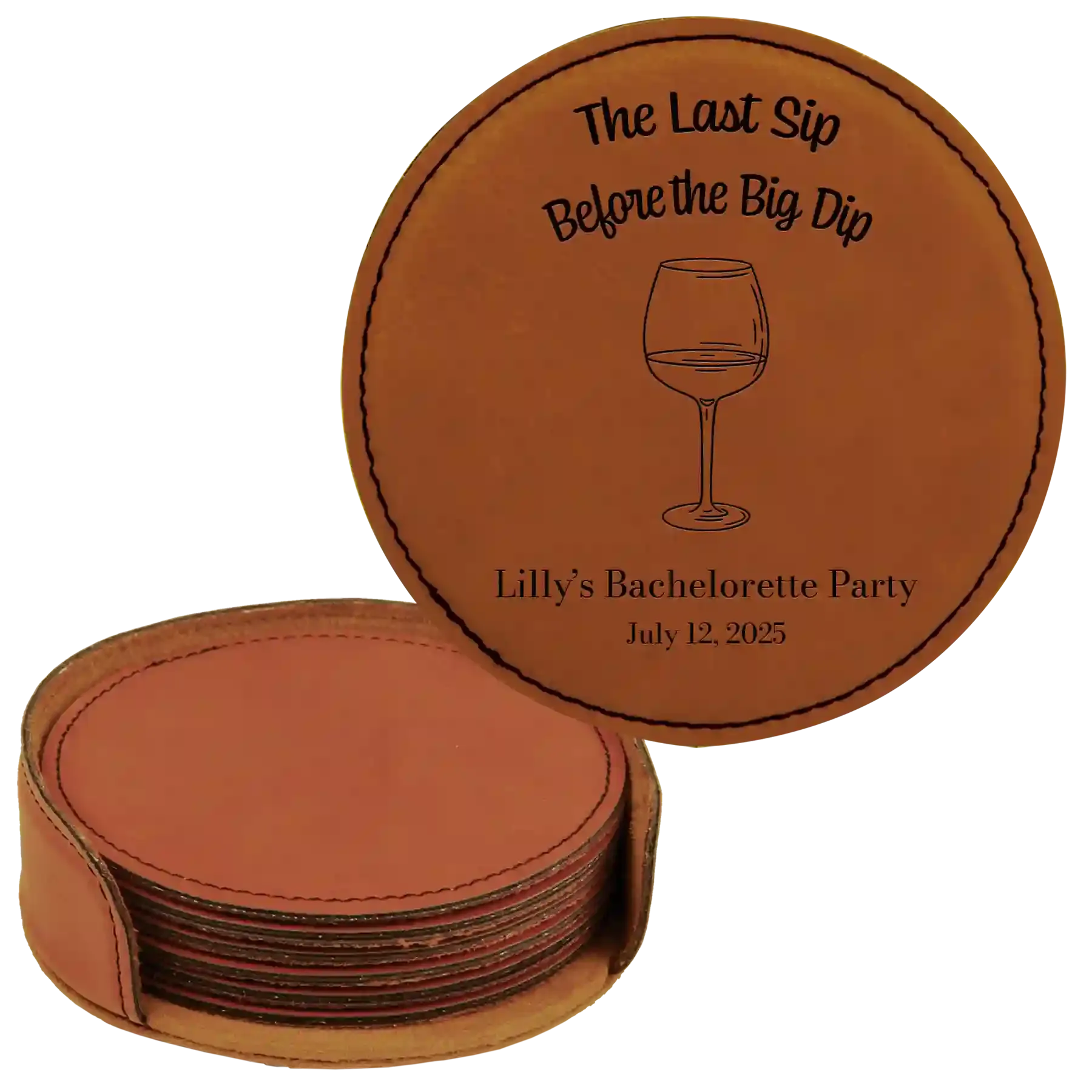 2iPersonalized-Last-Sip-Bachelorette-Round-Leatherette-Coasters-Set-of-6-Rawhide