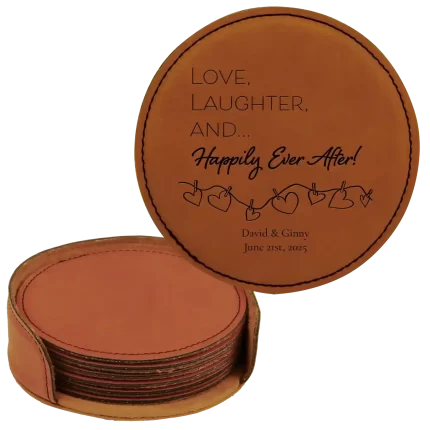 Personalized Happily Ever After Round Leatherette Coasters Set of 6 - Rawhide