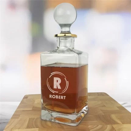 Custom Groomsmen Gold Rim Decanter - Engraved Circular Lines Design