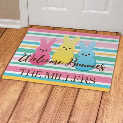 Bunnies Striped Personalized Doormat - Custom Easter Welcome Mat