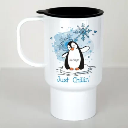 Just Chillin’ Penguin Personalized Travel Mug – Custom Penguin Design Fun Winter Gift