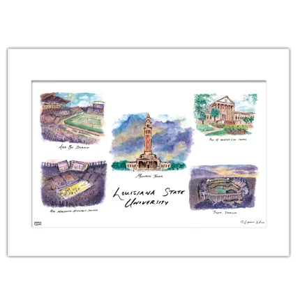 LSU Collage, Matted Watercolor Wall Art 11" x 14" by Laura Wilcox