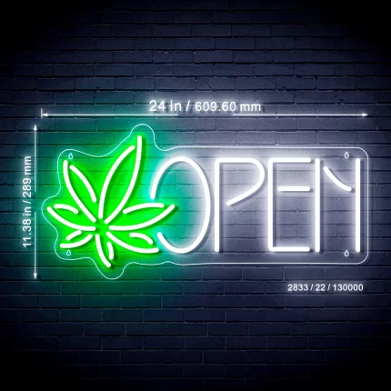 Open Hemp Leaf Marijuana Dispensary Ultra-Bright LED Sign with Remote (Neon-Style, LED Technology)