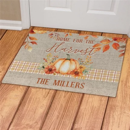 Home for the Harvest Watercolor Pumpkin Personalized Doormat - Custom Fall Mat