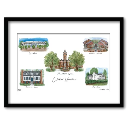 Clemson Collage, Framed Watercolor Wall Art 11" x 14" by Laura Wilcox