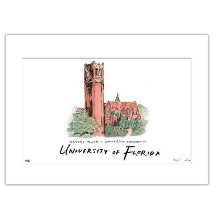Florida Century Tower & University Auditorium, Matted Watercolor Wall Art 11" x 14" by Laura Wilcox