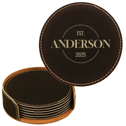 Personalized Last Name EST Round Leatherette Coasters Set of 6 - Black Gold