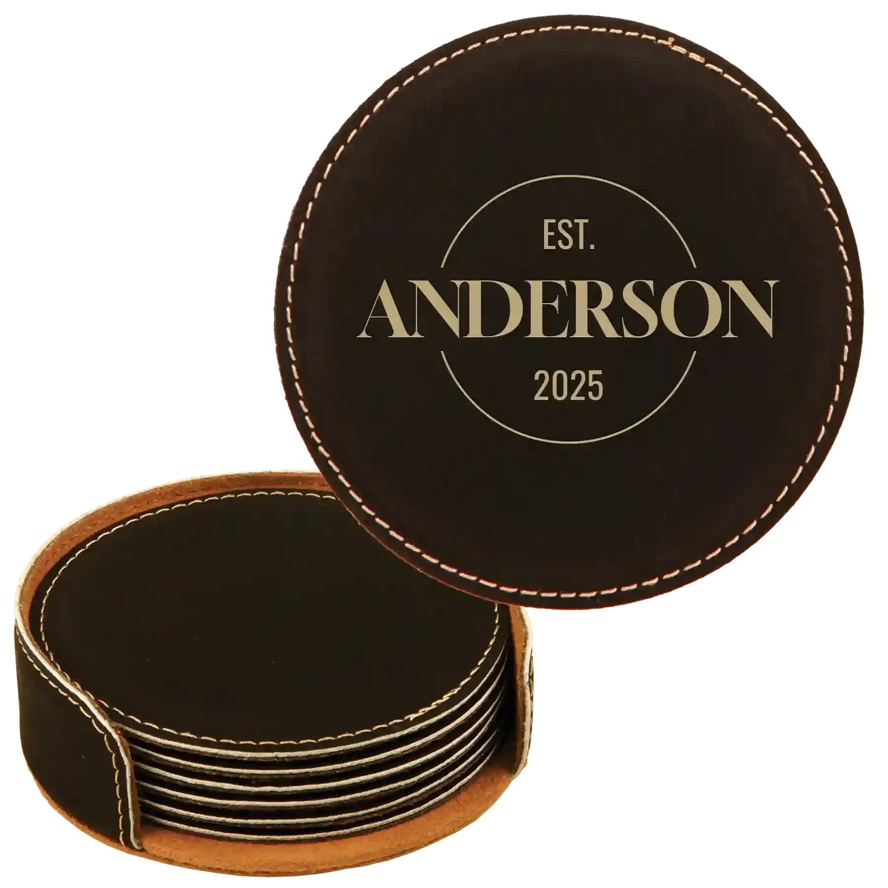 3lPersonalized-Last-Name-EST-Round-Leatherette-Coasters-Set-of-6-Black-Gold