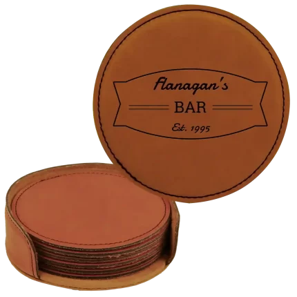 Personalized Bar Banner Round Leatherette Coasters Set of 6 - Rawhide