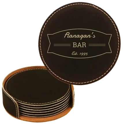 Personalized Bar Banner Round Leatherette Coasters Set of 6 - Black Gold