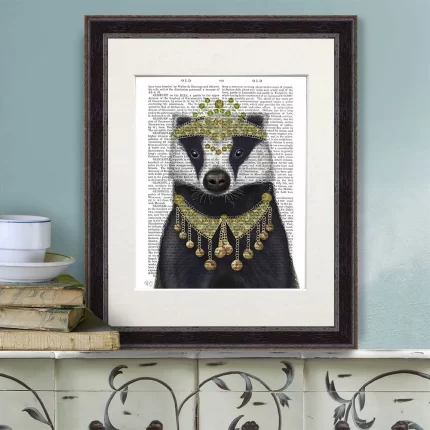 Badger with Tiara, Portrait, Book Print, Art Print, Wall Art