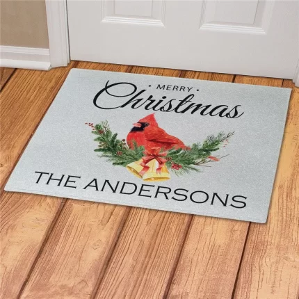 Cardinal Merry Christmas Personalized Doormat - Custom Winter Welcome Mat