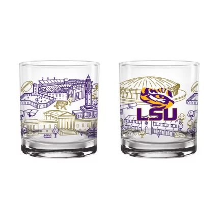 Set of 2 LSU Tigers Campus Line Art 14oz Rocks Glasses